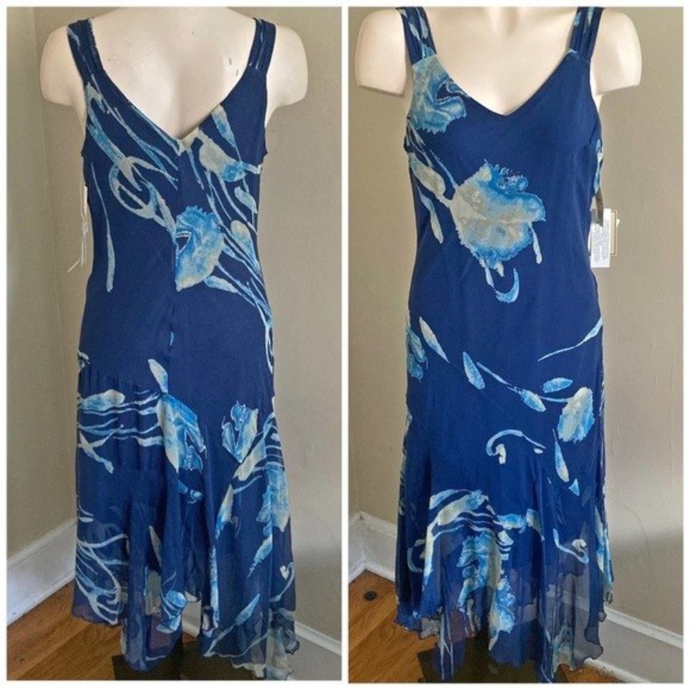 SALE JONATHAN MARTIN 100% silk blue chiffon shark bite sleeveless dress